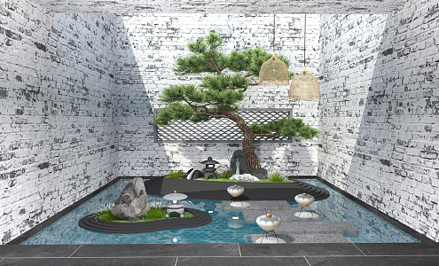 New Chinese landscape sketch Zen waterfront courtyard landscape 3d model