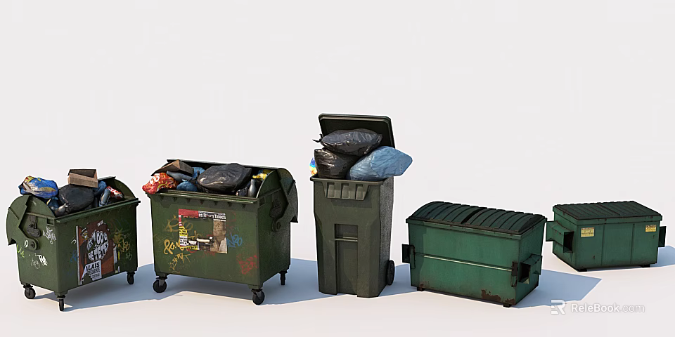 Public Facilities Green Trash Bins With Graffiti Open Lids And Trash Bags 3d model 