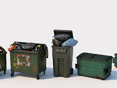 Public Facilities Green Trash Bins With Graffiti Open Lids And Trash Bags 3d model