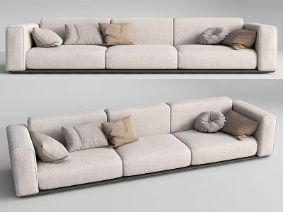 Modern Three Seater Fabric Sofa With Light Beige Upholstery And Neutral Toned Pillows 3d model