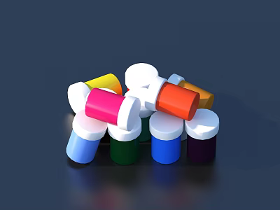 Assorted Colorful Medicine Bottles With White Caps And Vibrant Hues Stacked Together 3d model