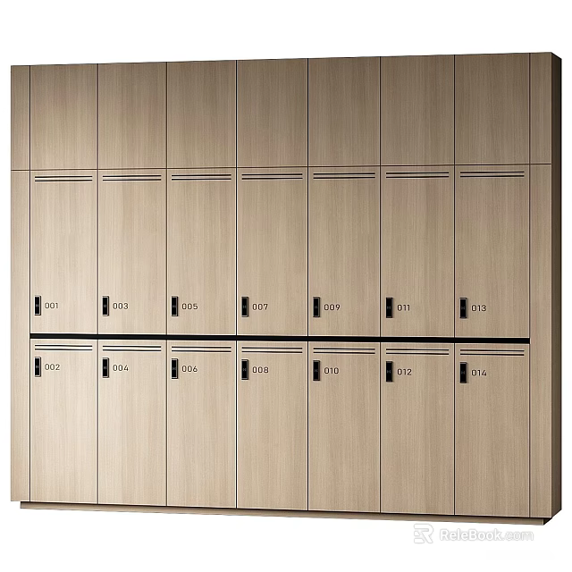 Wooden Lockers In Multiple Rows With Numbered Doors And Simple Design 3d model 