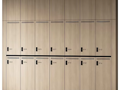 Wooden Lockers In Multiple Rows With Numbered Doors And Simple Design 3d model