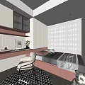 Tatami Bedroom Interior With Pink Desk White Chair Window Blinds Storage And Rug