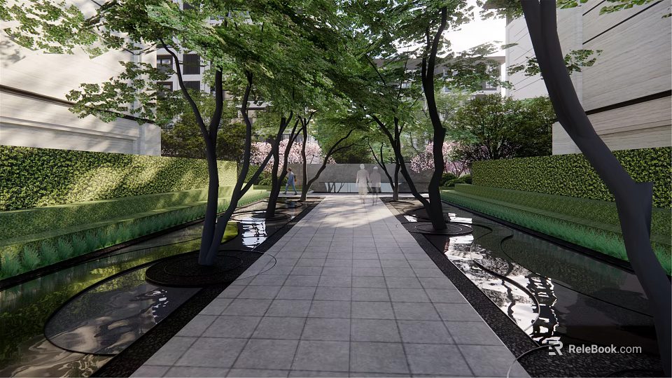 Elegant Pergola Design In Garden With Trees Water Features And Stone Pathway 3d model 