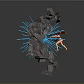 Wood Stone Sphere Composed of Fragmented Rocks in Floating State with Blue Radiant Lines