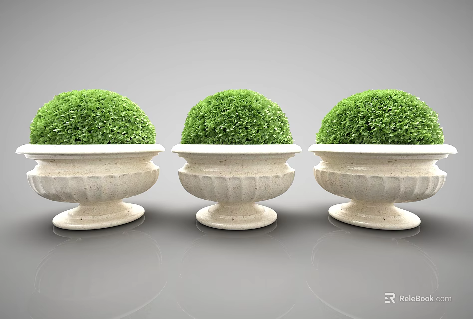 Public Facilities Decorative Three Green Spherical Shrubs In White Stone Planters 3d model