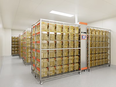Metal Storage Racks With Wheels And Neatly Arranged Yellow Containers In Indoor Room 3d model