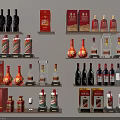 Various Wine Bottles And Glasses Displayed On Shelves With Gift Boxes 3d model