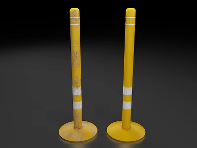 Yellow Bollards With White Stripes And Round Base On Dark Background 3d model