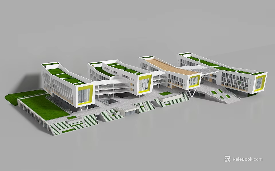 Modern School Building Complex With Green Roofs And Yellow Window Frames 3d model 