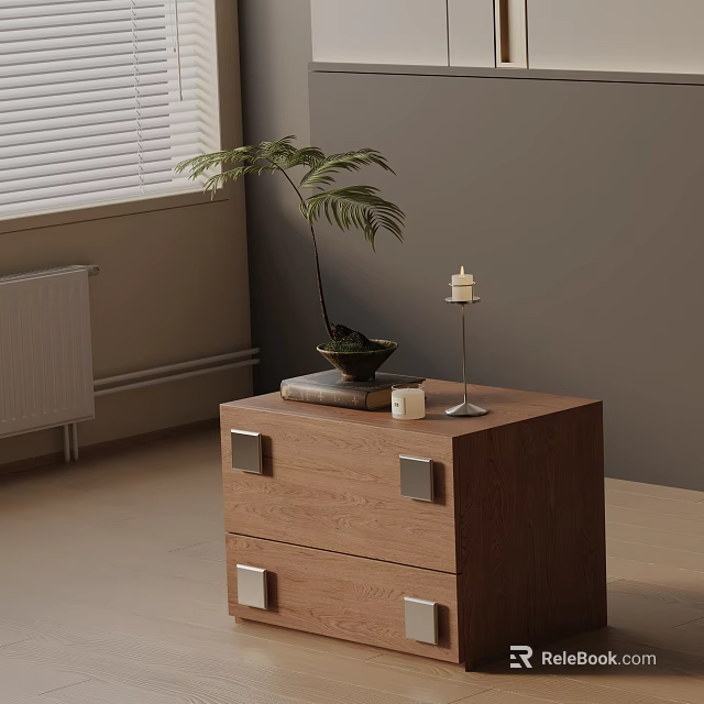 Wooden Bedside Table With Drawers Metal Handles Potted Plant Candle Book And Small Box 3d model 