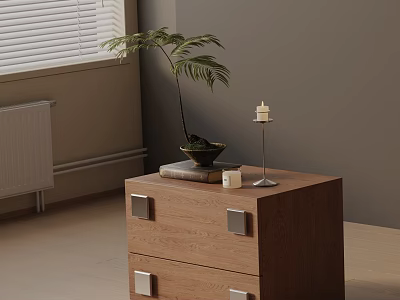Wooden Bedside Table With Drawers Metal Handles Potted Plant Candle Book And Small Box 3d model