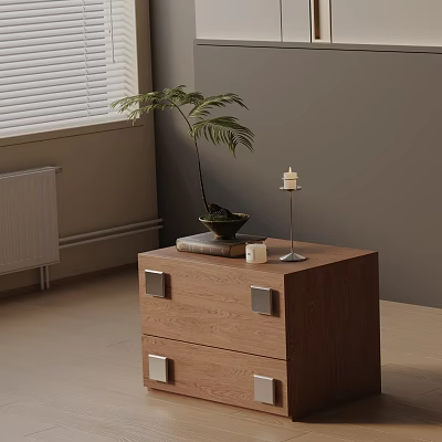 Wooden Bedside Table With Drawers Metal Handles Potted Plant Candle Book And Small Box 3d model