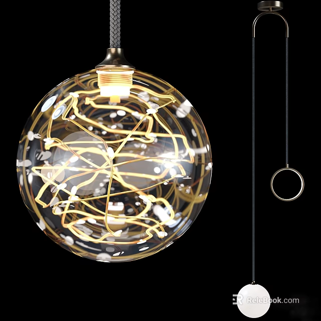 Transparent Glass Spherical Pendant Light With Golden Internal Lines And Small White Decorations 3d model 