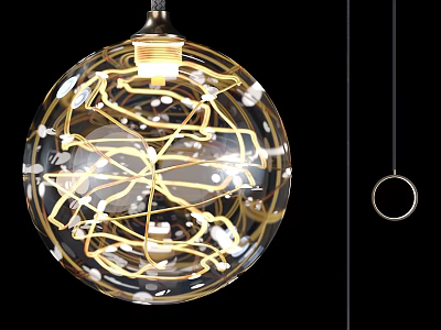 Transparent Glass Spherical Pendant Light With Golden Internal Lines And Small White Decorations 3d model