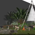 Outdoor Garden Landscape With Illuminated Tepee Campfire Dining Table And Lush Green Plants