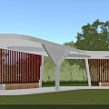 Modern White Pergola with Curved Roof Red Vertical Slats and Wooden Benches on Green Lawn