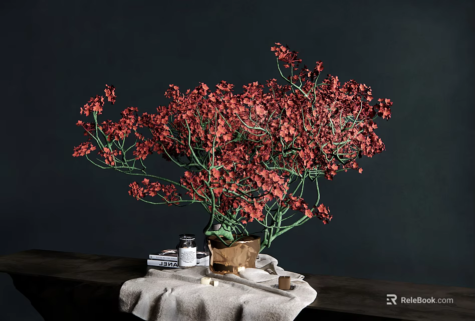 Decorative Ornament Set With Red Flowers In Vase On Linen Cloth And Small Items 3d model 