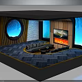 Unique Living Room Interior Design With Circular Window Sofa Fireplace TV And Blue Windows