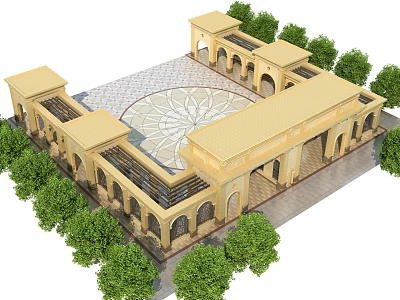 Elegant Arched Entrance Gate With Beige Stone Facade Circular Courtyard And Surrounding Green Trees 3d model