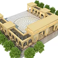 Elegant Arched Entrance Gate With Beige Stone Facade Circular Courtyard And Surrounding Green Trees