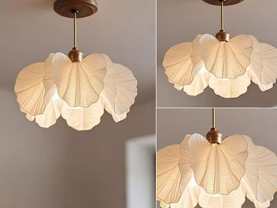 Petal Shaped Chandelier With Wooden Ceiling Base And White Fabric Shade For Interior Decoration 3d model