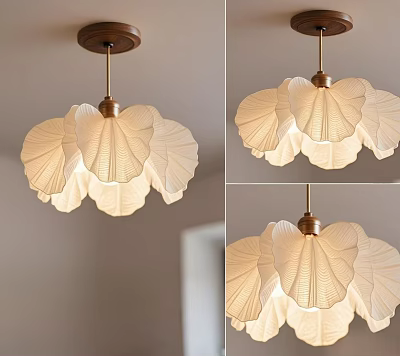 Petal Shaped Chandelier With Wooden Ceiling Base And White Fabric Shade For Interior Decoration 3d model
