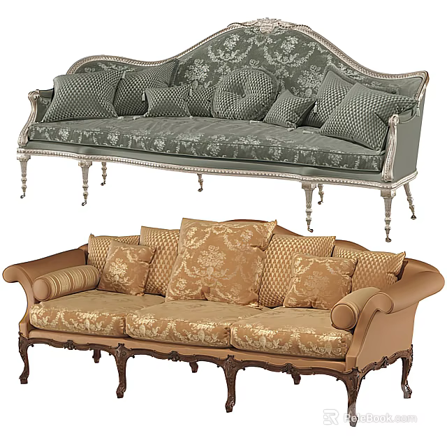 Classic Green And Brown Sofas With Carved Details Patterned Pillows And Ornate Legs 3d model