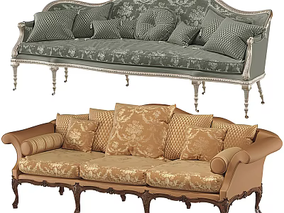 Classic Green And Brown Sofas With Carved Details Patterned Pillows And Ornate Legs 3d model