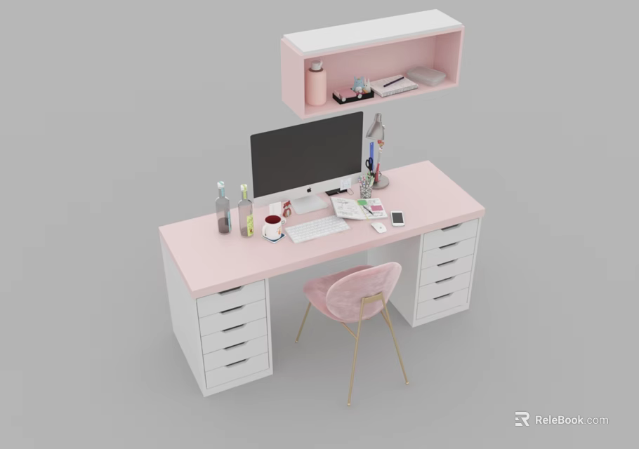 Pink Desktop Study Desk With White Drawers Wall Mounted Shelf And Pink Chair 3d model 