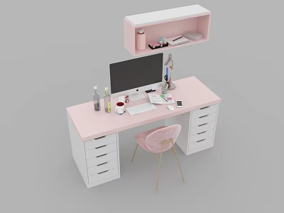 Pink Desktop Study Desk With White Drawers Wall Mounted Shelf And Pink Chair 3d model