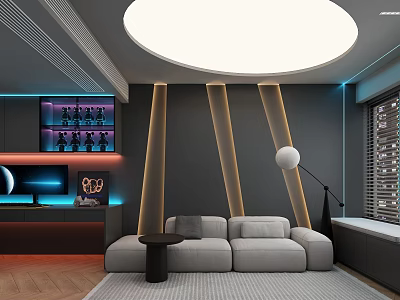 Modern Luxury Home Theater Room With Gray Sofa Round Ceiling Light And Blue Ambient Lighting 3d model