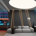 Modern Luxury Home Theater Room With Gray Sofa Round Ceiling Light And Blue Ambient Lighting
