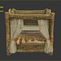 Traditional Wooden Bed With Intricate Carved Frame And White Canopies Red Ties