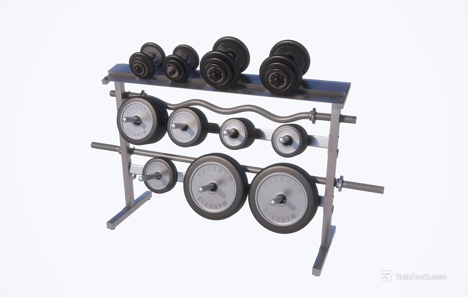 Fitness Equipment Rack With Dumbbells And Weight Plates For Home Gym 3d model 