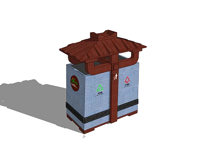 Public Trash Can With Traditional Chinese Roof Design And Recycling Bins 3d model