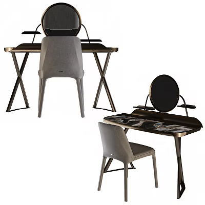 Elegant Modern Dressing Table With Round Mirror Metal Frame And Chair 3d model