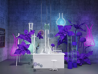 Artistic Floral Installation Featuring Purple Flowers Glass Vessels Neon Lights And White Lab Table 3d model