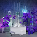 Artistic Floral Installation Featuring Purple Flowers Glass Vessels Neon Lights And White Lab Table