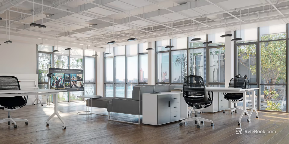 Modern Open Public Office Space With Large Windows Sofa Work Desks And Natural Light 3d model