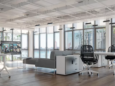 Modern Open Public Office Space With Large Windows Sofa Work Desks And Natural Light 3d model