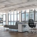 Modern Open Public Office Space With Large Windows Sofa Work Desks And Natural Light 3d model
