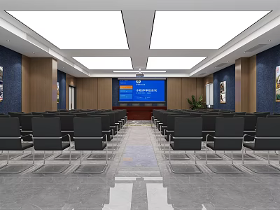 Modern Conference Room With Neatly Arranged Black Chairs Blue Screen And Wooden Walls 3d model