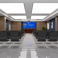 Modern Conference Room With Neatly Arranged Black Chairs Blue Screen And Wooden Walls