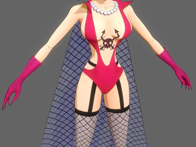 Game And Movie Character In Red Skull Bodysuit With Fishnet Cape Pink Gloves Black Stockings 3d model