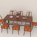Elegant Dining Table Set With Brown Rectangular Top Six Orange Upholstered Chairs And Flower Vase 3d model