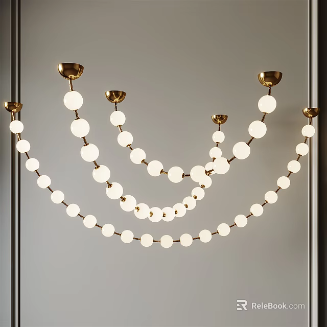 Modern Brass Chandelier With White Spherical Bulbs Hanging Curved Design Interior Decor 3d model 