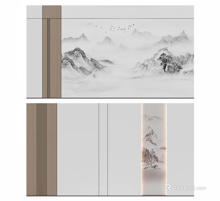 Modern Minimalist Chinese Style Living Room Background Wall With Mountain Ink Painting 3d model 