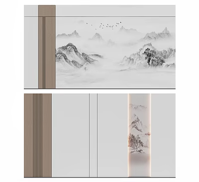 Modern Minimalist Chinese Style Living Room Background Wall With Mountain Ink Painting 3d model